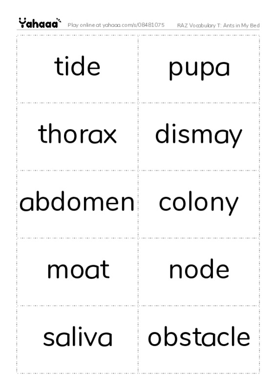 RAZ Vocabulary T: Ants in My Bed PDF two columns flashcards