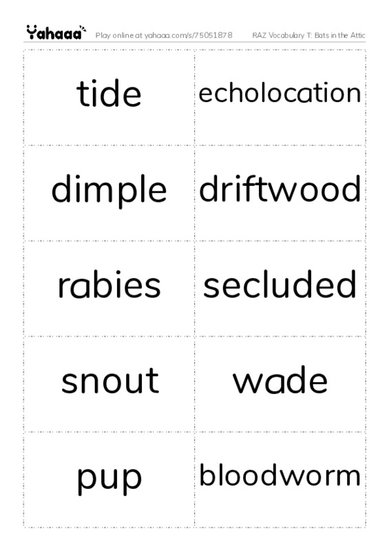 RAZ Vocabulary T: Bats in the Attic PDF two columns flashcards