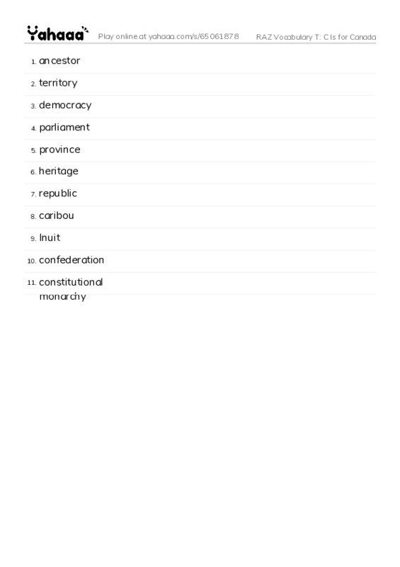 RAZ Vocabulary T: C Is for Canada PDF words glossary
