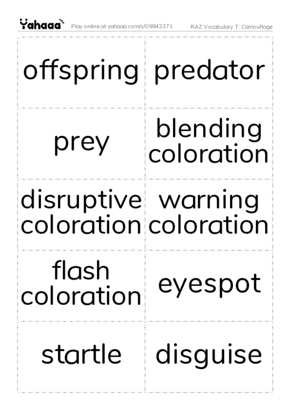 RAZ Vocabulary T: Camouflage PDF two columns flashcards