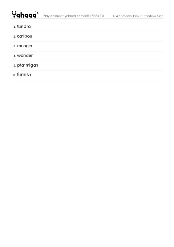 RAZ Vocabulary T: Caribou Man PDF words glossary