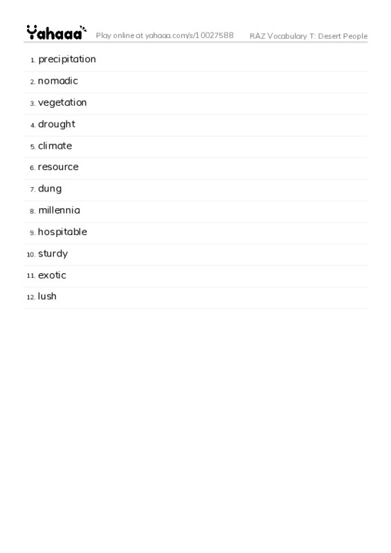 RAZ Vocabulary T: Desert People PDF words glossary