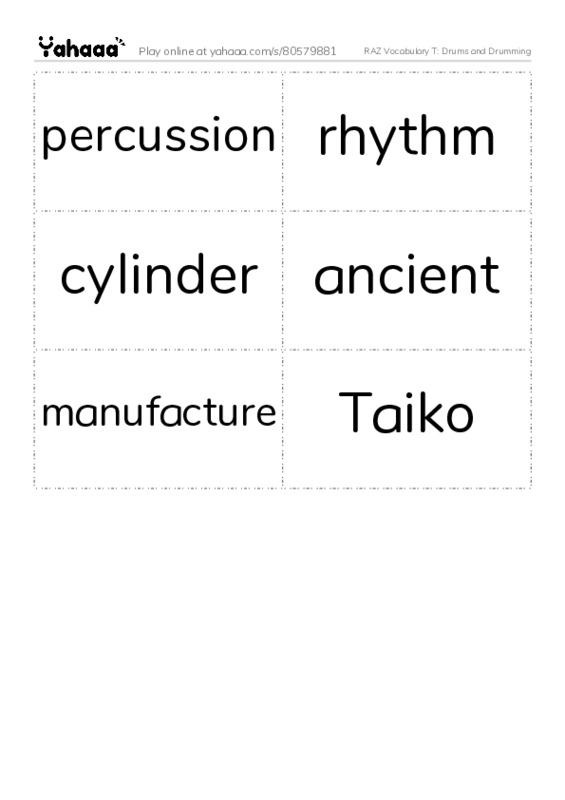 RAZ Vocabulary T: Drums and Drumming PDF two columns flashcards