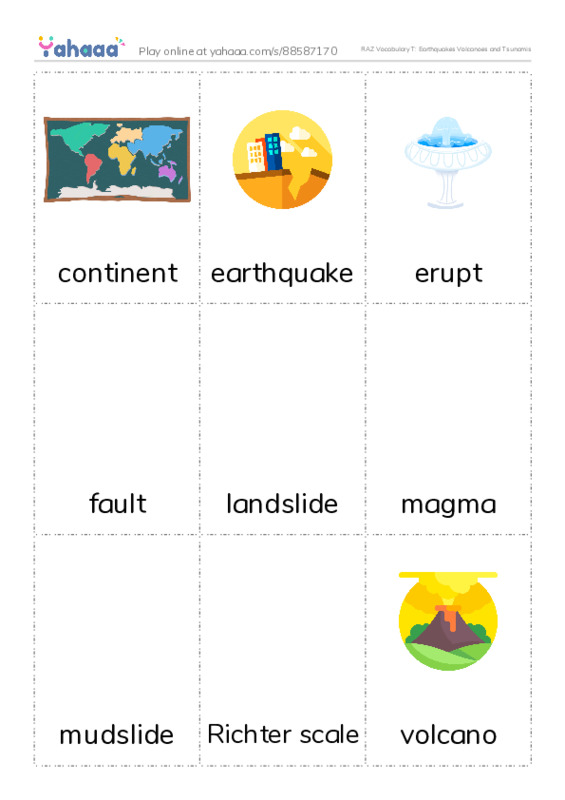 RAZ Vocabulary T: Earthquakes Volcanoes and Tsunamis PDF flaschards with images