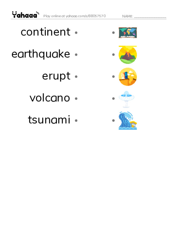 RAZ Vocabulary T: Earthquakes Volcanoes and Tsunamis PDF link match words worksheet