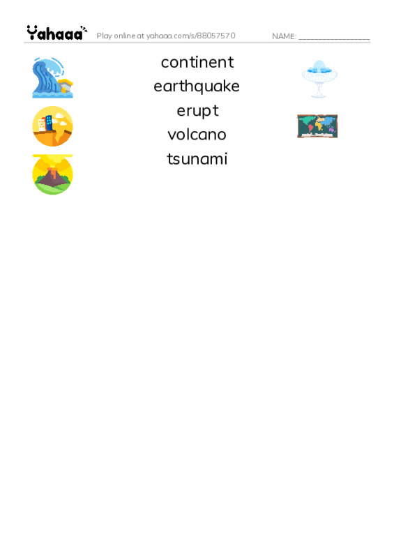 RAZ Vocabulary T: Earthquakes Volcanoes and Tsunamis PDF three columns match words