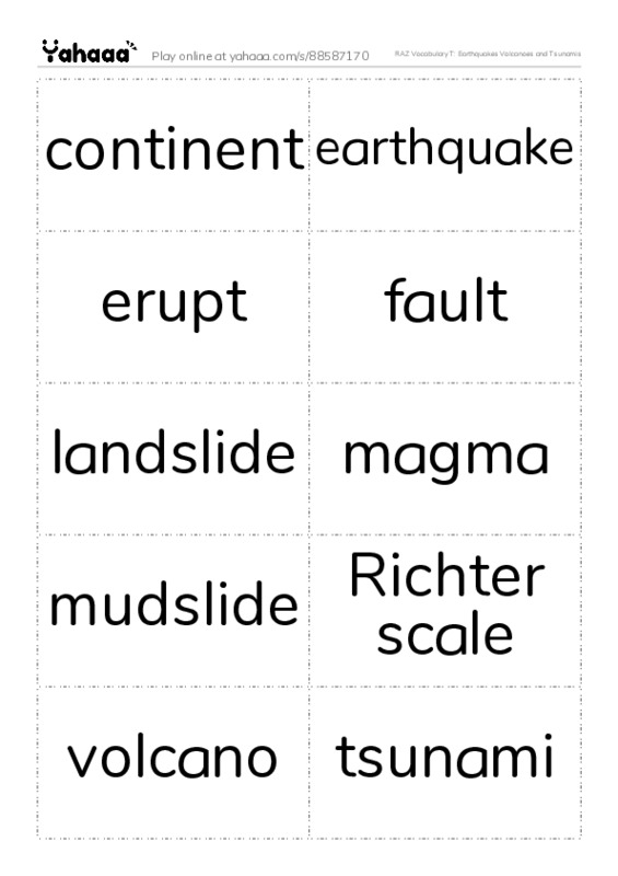 RAZ Vocabulary T: Earthquakes Volcanoes and Tsunamis PDF two columns flashcards