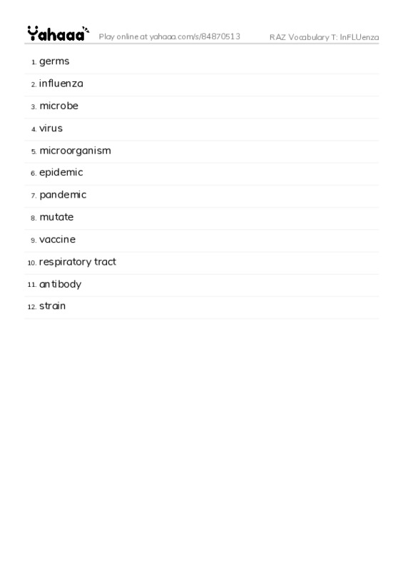 RAZ Vocabulary T: InFLUenza PDF words glossary