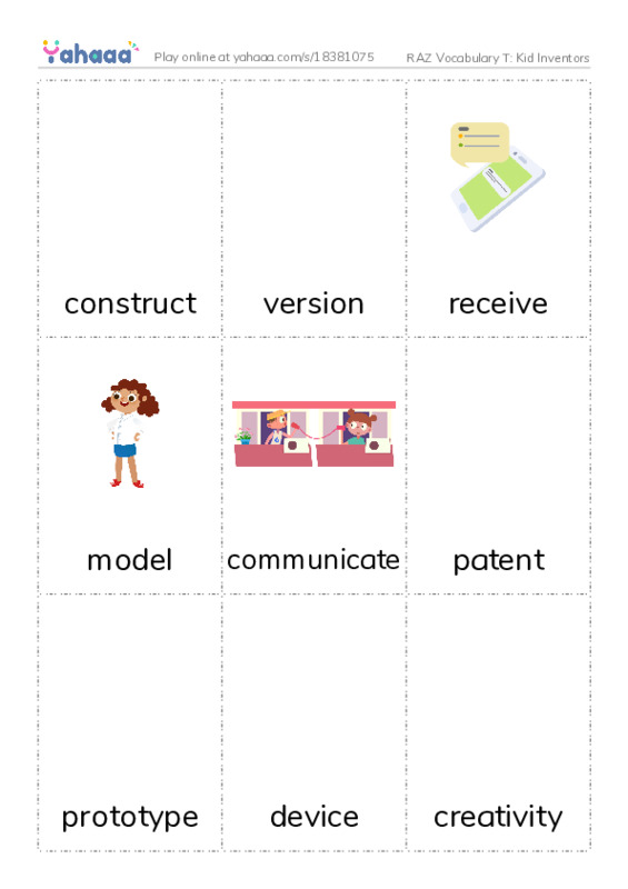 RAZ Vocabulary T: Kid Inventors PDF flaschards with images