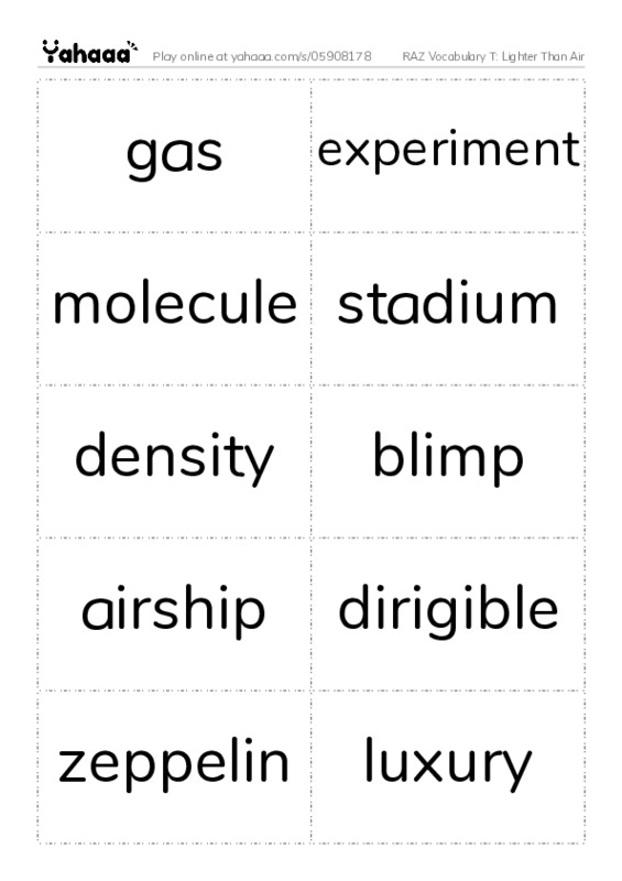 RAZ Vocabulary T: Lighter Than Air PDF two columns flashcards