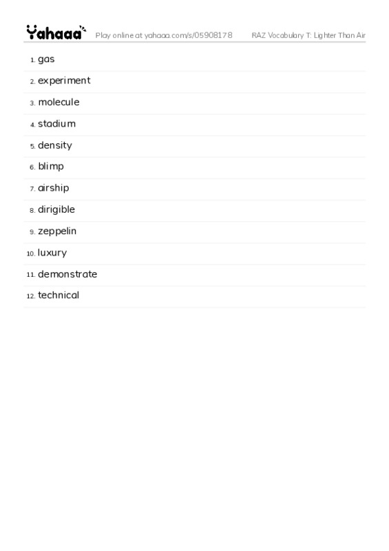 RAZ Vocabulary T: Lighter Than Air PDF words glossary