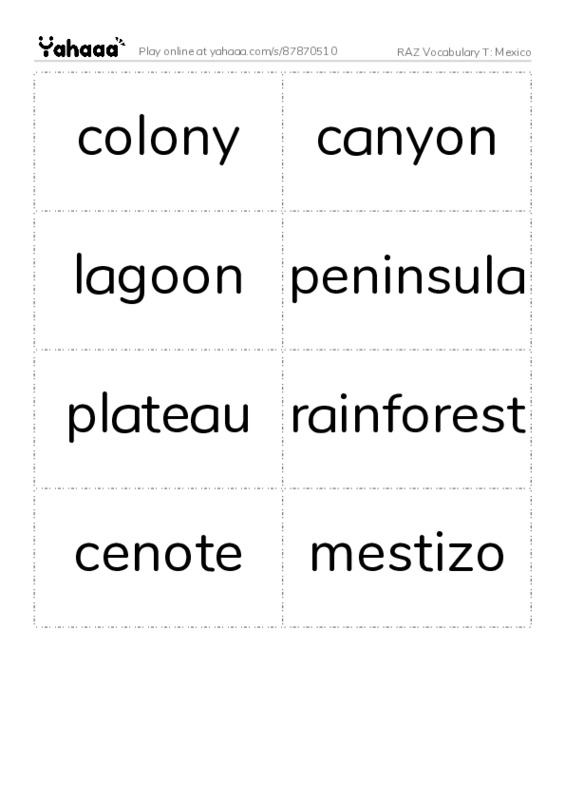 RAZ Vocabulary T: Mexico PDF two columns flashcards
