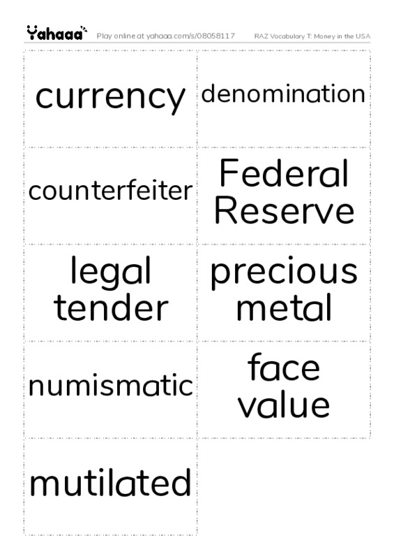 RAZ Vocabulary T: Money in the USA PDF two columns flashcards