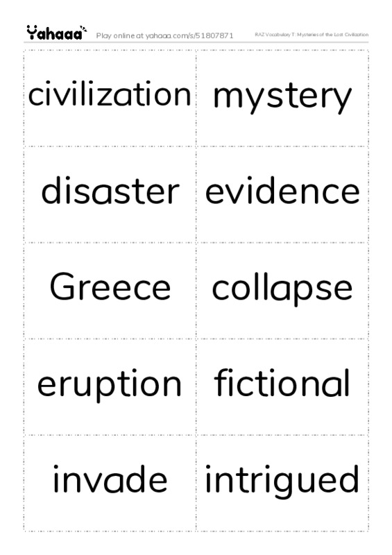 RAZ Vocabulary T: Mysteries of the Lost Civilization PDF two columns flashcards
