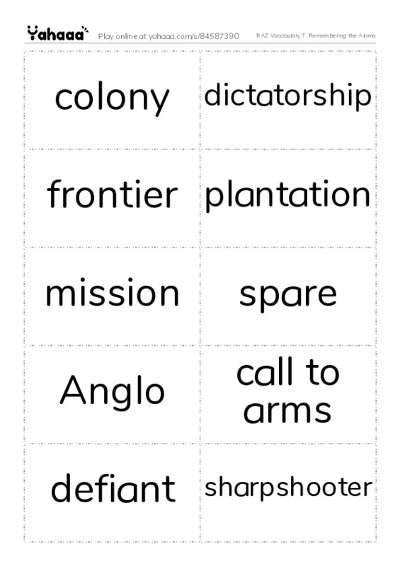 RAZ Vocabulary T: Remembering the Alamo PDF two columns flashcards