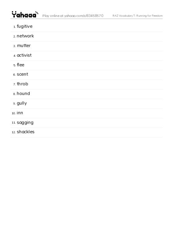 RAZ Vocabulary T: Running for Freedom PDF words glossary
