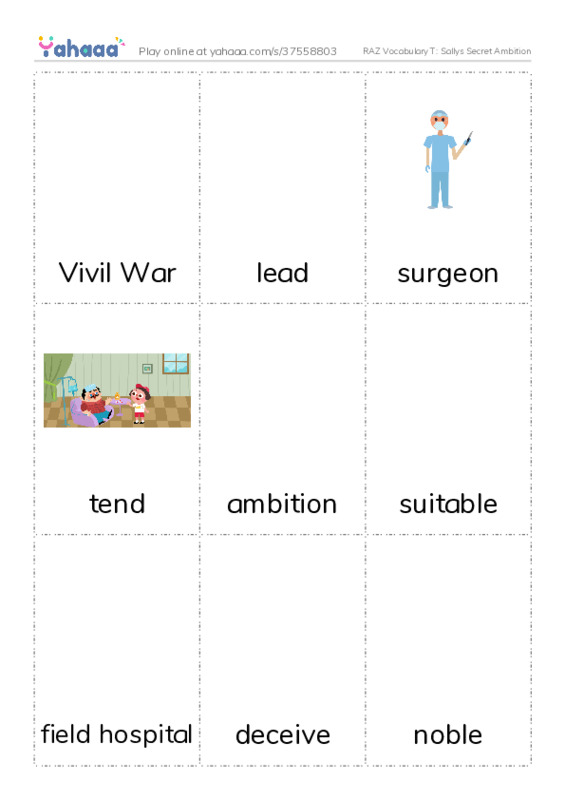 RAZ Vocabulary T: Sallys Secret Ambition PDF flaschards with images