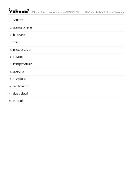 RAZ Vocabulary T: Severe Weather PDF words glossary