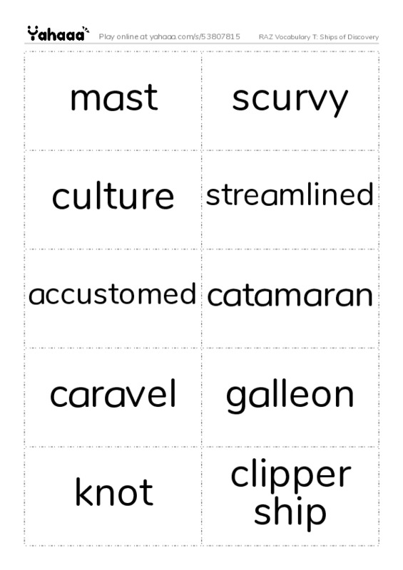 RAZ Vocabulary T: Ships of Discovery PDF two columns flashcards