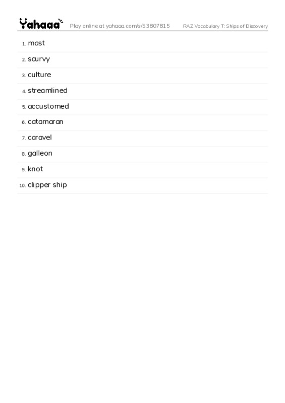 RAZ Vocabulary T: Ships of Discovery PDF words glossary