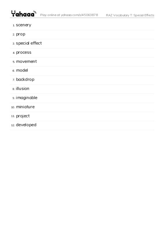 RAZ Vocabulary T: Special Effects PDF words glossary