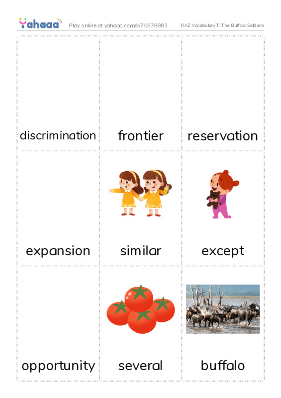 RAZ Vocabulary T: The Buffalo Soldiers PDF flaschards with images