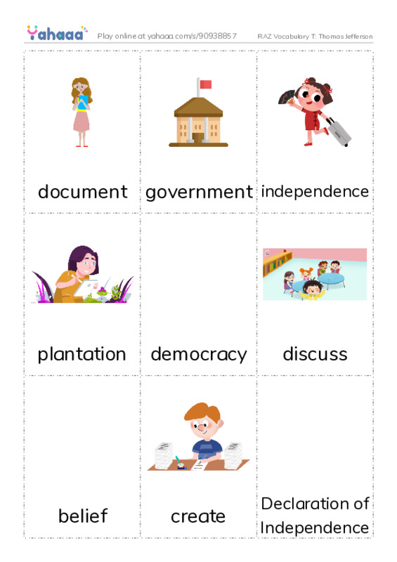 RAZ Vocabulary T: Thomas Jefferson PDF flaschards with images