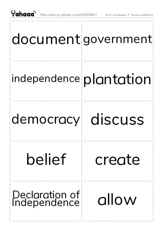 RAZ Vocabulary T: Thomas Jefferson PDF two columns flashcards