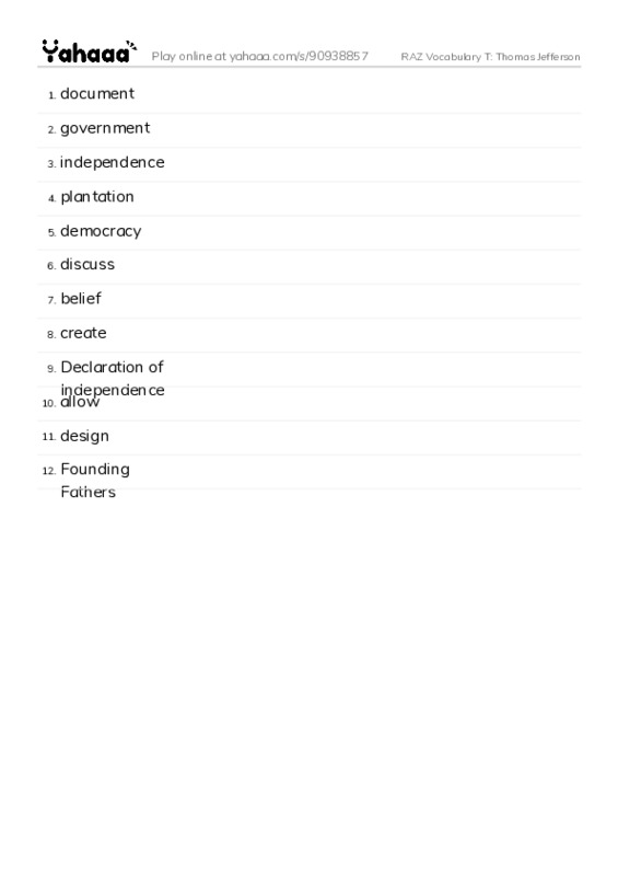 RAZ Vocabulary T: Thomas Jefferson PDF words glossary