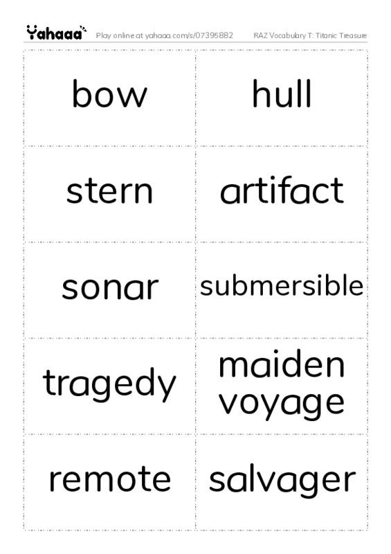 RAZ Vocabulary T: Titanic Treasure PDF two columns flashcards