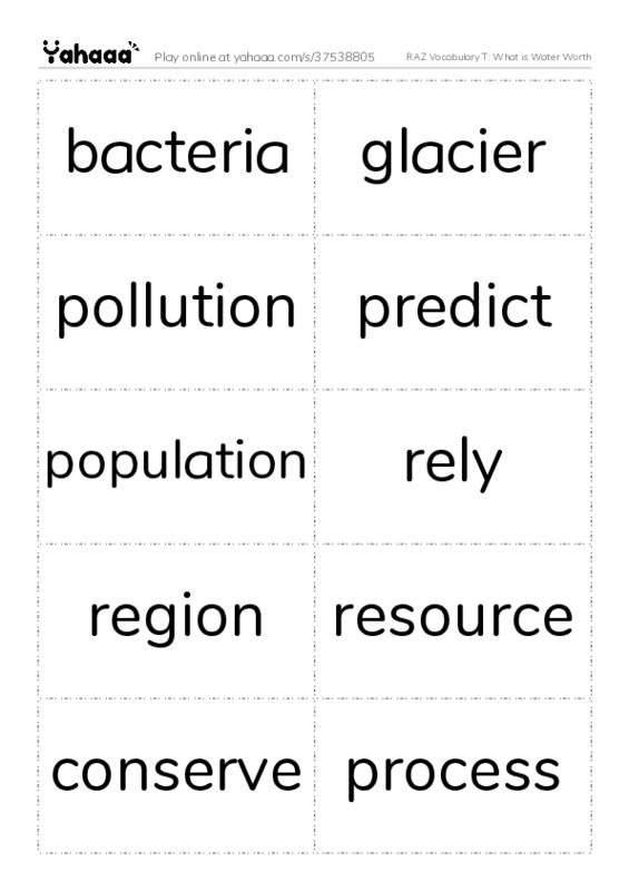 RAZ Vocabulary T: What is Water Worth PDF two columns flashcards