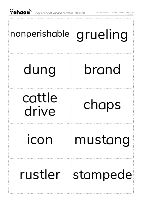 RAZ Vocabulary T: Yee Haw The Real Lives of the Cowboys PDF two columns flashcards