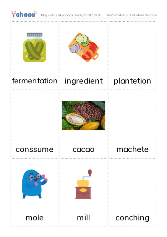 RAZ Vocabulary U: All About Chocolate PDF flaschards with images