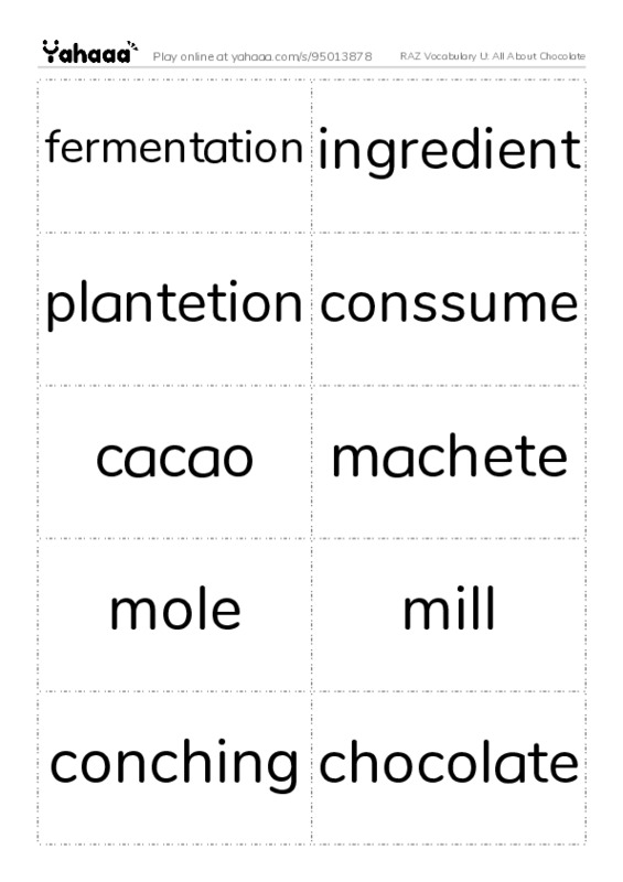 RAZ Vocabulary U: All About Chocolate PDF two columns flashcards