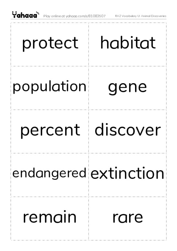RAZ Vocabulary U: Animal Discoveries PDF two columns flashcards