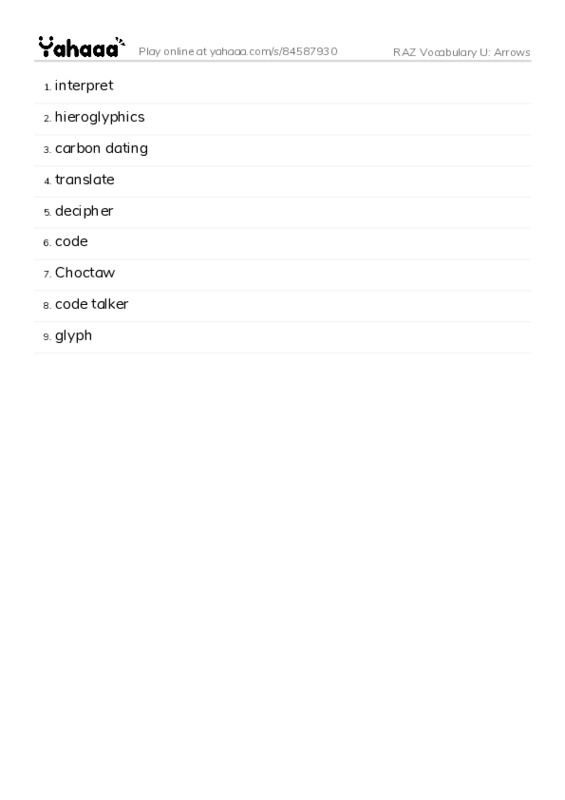 RAZ Vocabulary U: Arrows PDF words glossary