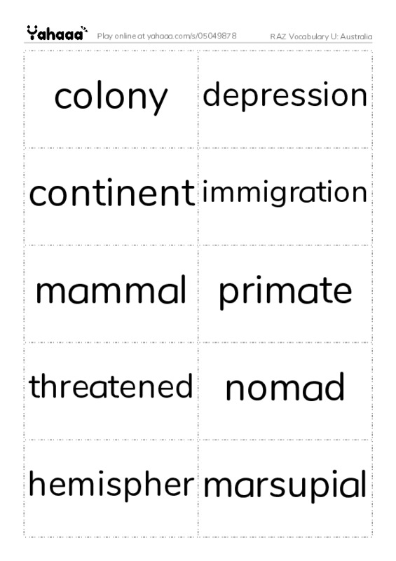 RAZ Vocabulary U: Australia PDF two columns flashcards