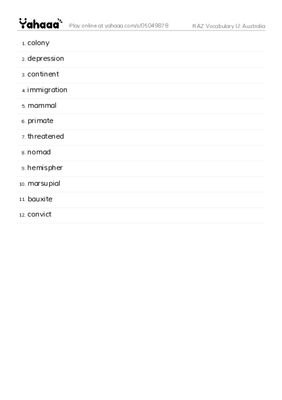 RAZ Vocabulary U: Australia PDF words glossary
