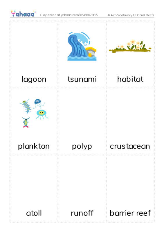 RAZ Vocabulary U: Coral Reefs PDF flaschards with images