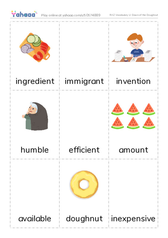 RAZ Vocabulary U: Dawn of the Doughnut PDF flaschards with images