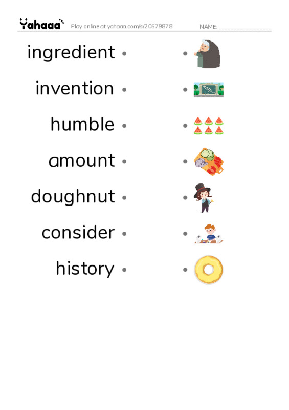 RAZ Vocabulary U: Dawn of the Doughnut PDF link match words worksheet