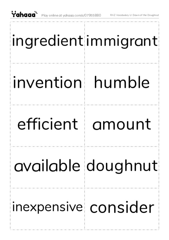 RAZ Vocabulary U: Dawn of the Doughnut PDF two columns flashcards