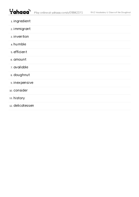 RAZ Vocabulary U: Dawn of the Doughnut PDF words glossary