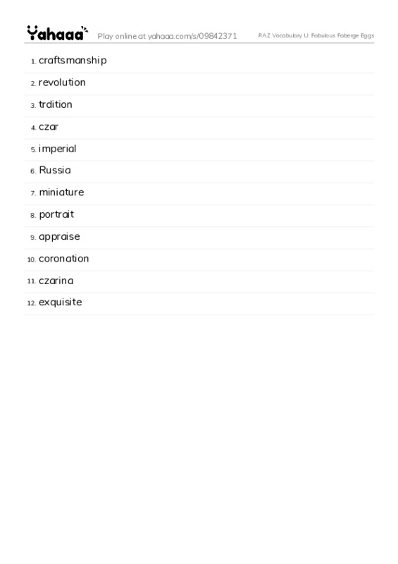 RAZ Vocabulary U: Fabulous Faberge Eggs PDF words glossary