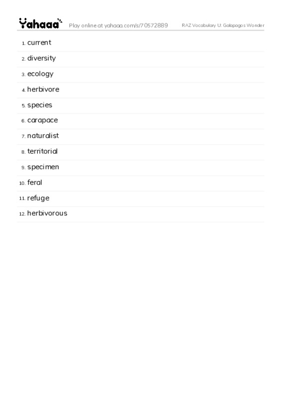 RAZ Vocabulary U: Galapagos Wonder PDF words glossary