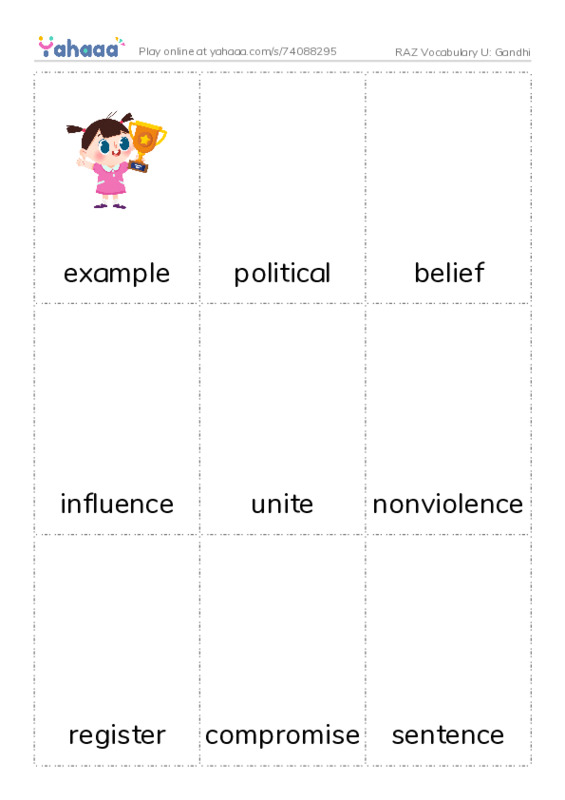 RAZ Vocabulary U: Gandhi PDF flaschards with images
