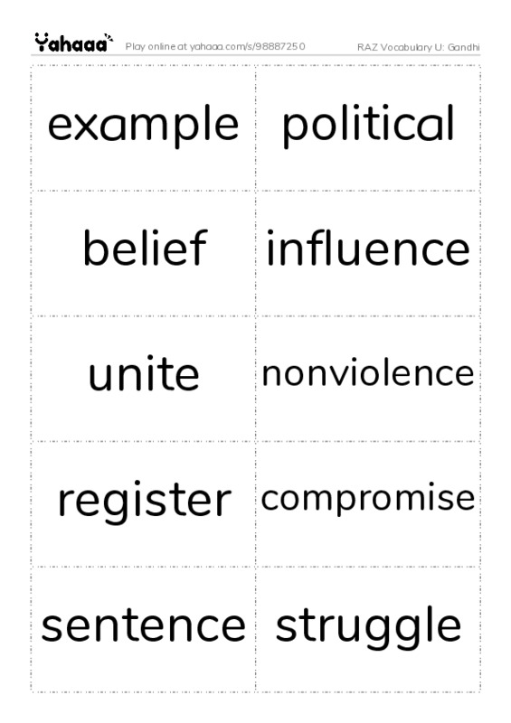 RAZ Vocabulary U: Gandhi PDF two columns flashcards