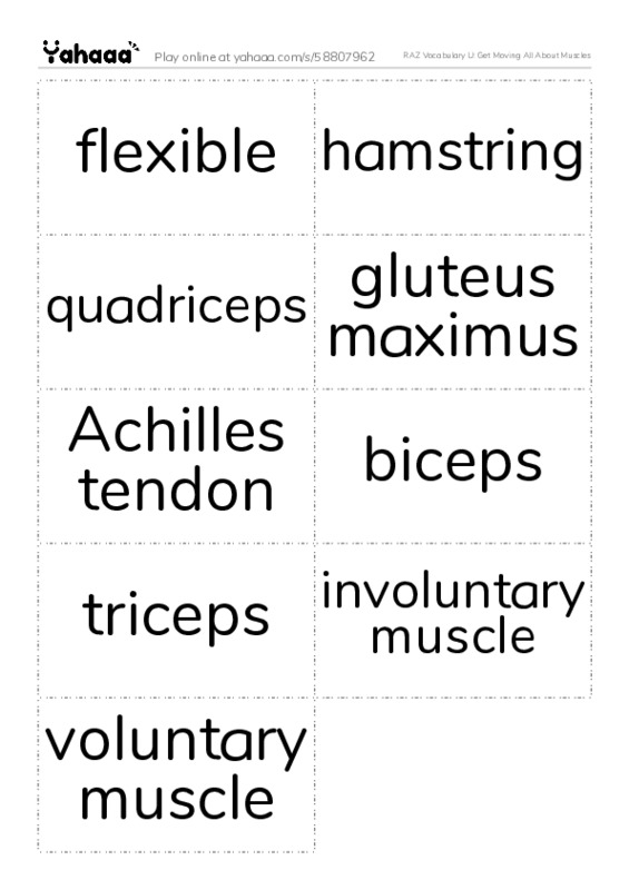 RAZ Vocabulary U: Get Moving All About Muscles PDF two columns flashcards