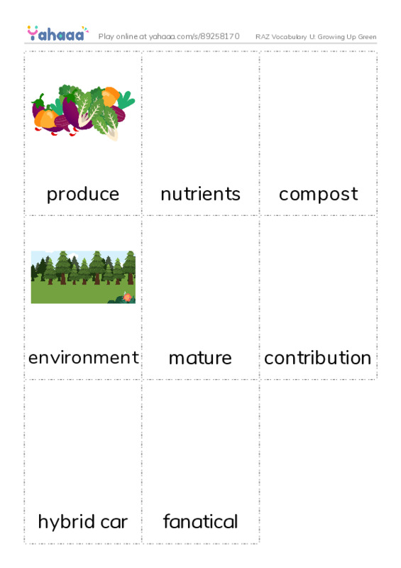RAZ Vocabulary U: Growing Up Green PDF flaschards with images