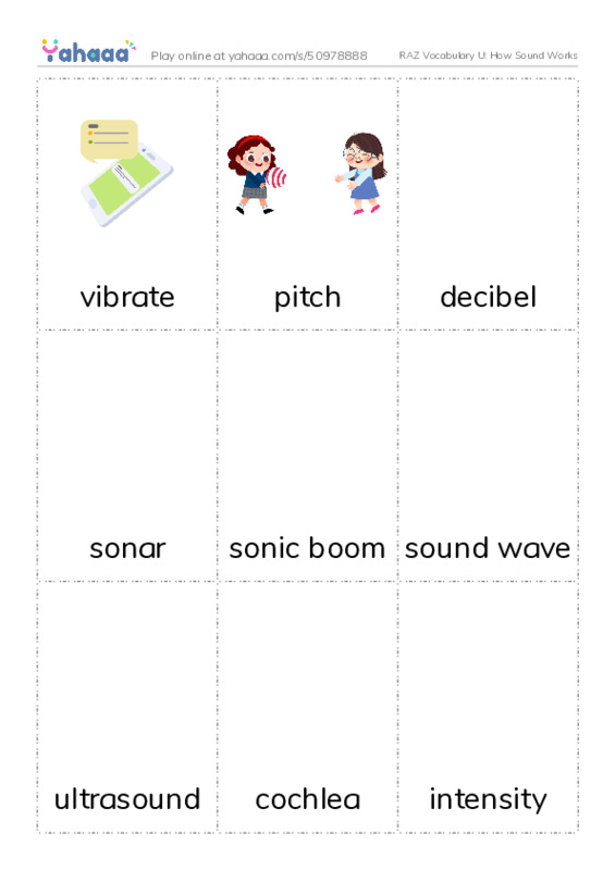 RAZ Vocabulary U: How Sound Works PDF flaschards with images
